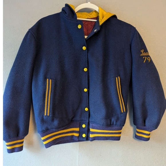 Empire Sporting Goods Jackets & Blazers - Vtg 1979 Varsity‎ Blue Gold Jacket cheerleader Wool Blend Sz 36 "Laura" & "MCH"
